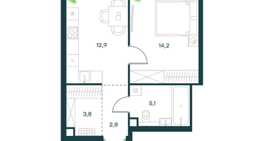 1-к. квартира, 38&nbsp;м²