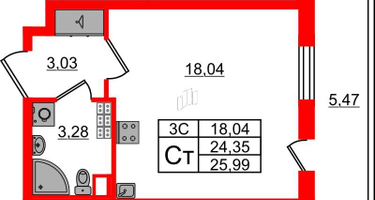 Студия, 24&nbsp;м²