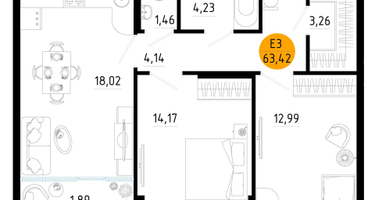 2-к. квартира, 63&nbsp;м²