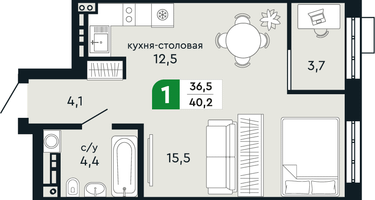1-к. квартира, 40 м²
