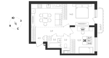 3-к. квартира, 54 м²