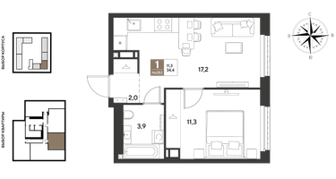 1-к. квартира, 34&nbsp;м²