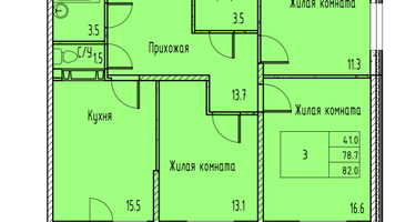 3-комнатная квартира, 80&nbsp;м²