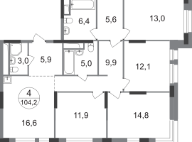 4-к. квартира, 104 м²