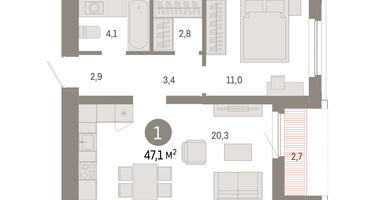 1-к. квартира, 47&nbsp;м²