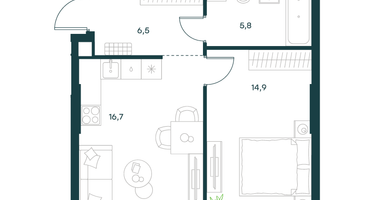 1-к. квартира, 43 м²