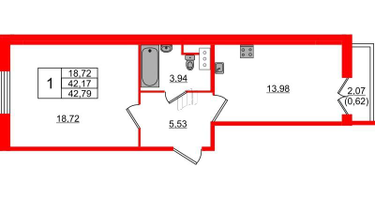 1-к. квартира, 42&nbsp;м²