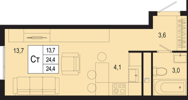1-к. квартира, 24&nbsp;м²