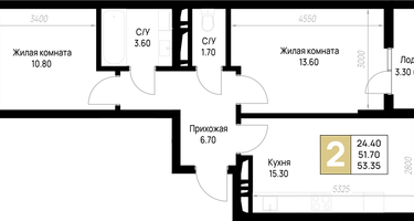 2-к. квартира, 53&nbsp;м²