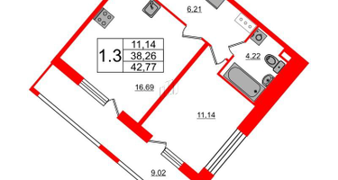 1-к. квартира, 38&nbsp;м²