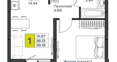 1-к. квартира, 39&nbsp;м²