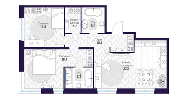 2-к. квартира, 85&nbsp;м²