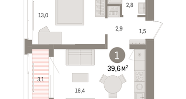 1-к. квартира, 39 м²