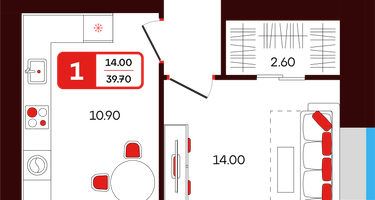 1-к. квартира, 39 м²