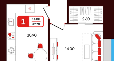 1-к. квартира, 39 м²