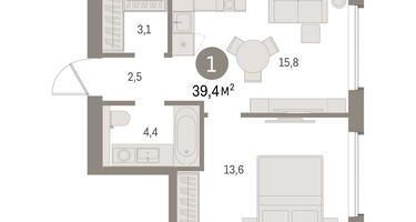 1-к. квартира, 39 м²