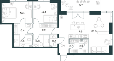 3-к. квартира, 116&nbsp;м²