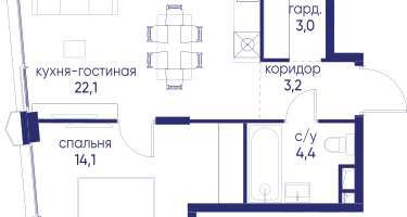 1-к. квартира, 46&nbsp;м²