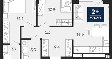 2-к. квартира, 57&nbsp;м²