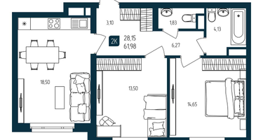 2-к. квартира, 61&nbsp;м²
