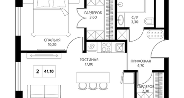 2-к. квартира, 41 м²