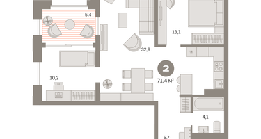 2-к. квартира, 72&nbsp;м²