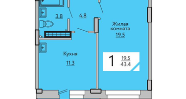 1-к. квартира, 43 м²
