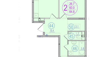 2-к. квартира, 64&nbsp;м²