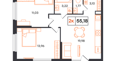 2-к. квартира, 55&nbsp;м²