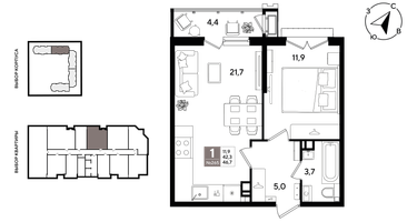 1-к. квартира, 46 м²