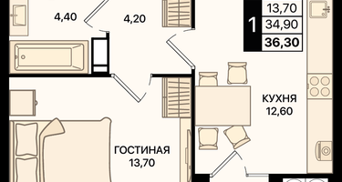 1-к. квартира, 36 м²