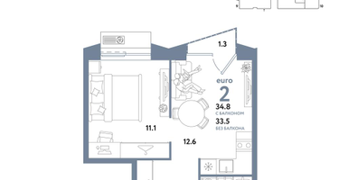 2-к. квартира, 34&nbsp;м²