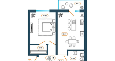 1-к. квартира, 51&nbsp;м²