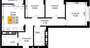 3-к. квартира, 77&nbsp;м²