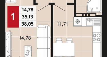 1-к. квартира, 38 м²