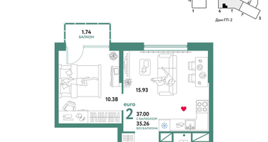 2-к. квартира, 37&nbsp;м²