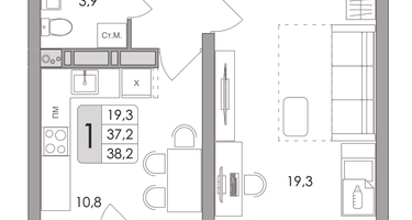 1-к. квартира, 38&nbsp;м²