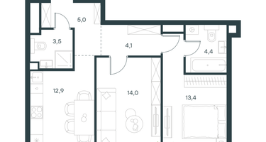2-к. квартира, 57&nbsp;м²