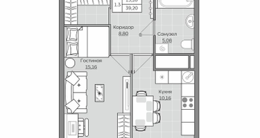 1-к. квартира, 39&nbsp;м²