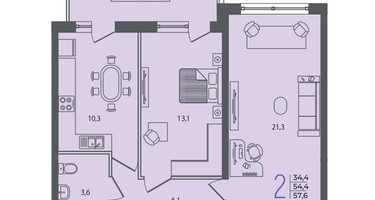 2-к. квартира, 57&nbsp;м²