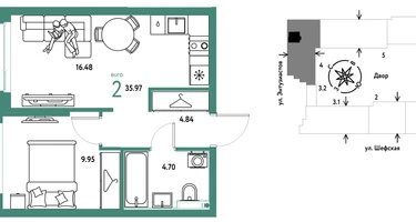 2-к. квартира, 35&nbsp;м²