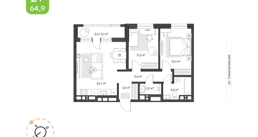 2-к. квартира, 64&nbsp;м²