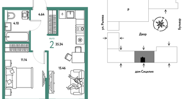 2-к. квартира, 35&nbsp;м²