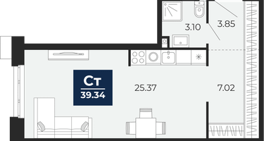 Студия, 39&nbsp;м²