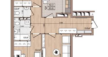 3-к. квартира, 83 м²