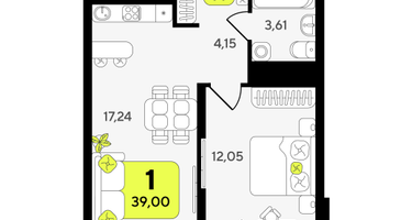 1-к. квартира, 39&nbsp;м²