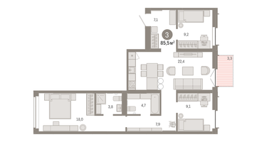 3-к. квартира, 85 м²