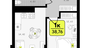 1-к. квартира, 38 м²