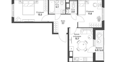 2-к. квартира, 54&nbsp;м²