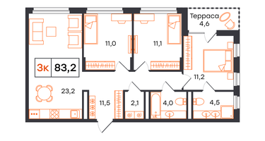 3-к. квартира, 83&nbsp;м²